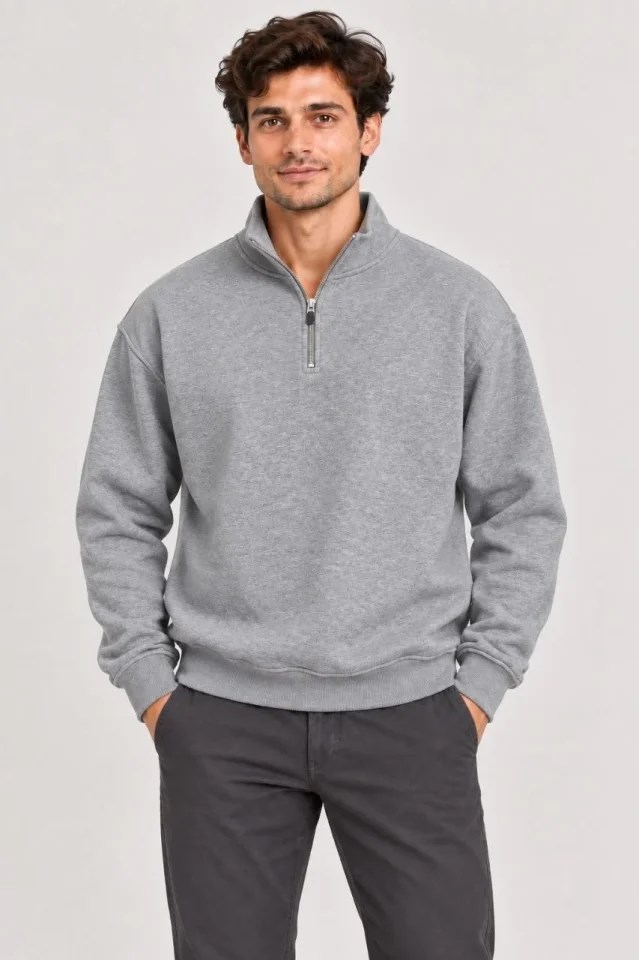 Erkek Üç İplik İçi Şardonlu Dik Yaka Yarım Fermuarlı Kışlık Sweatshirt - Grİ