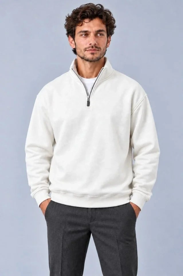 Erkek Üç İplik İçi Şardonlu Dik Yaka Yarım Fermuarlı Kışlık Sweatshirt - Beyaz