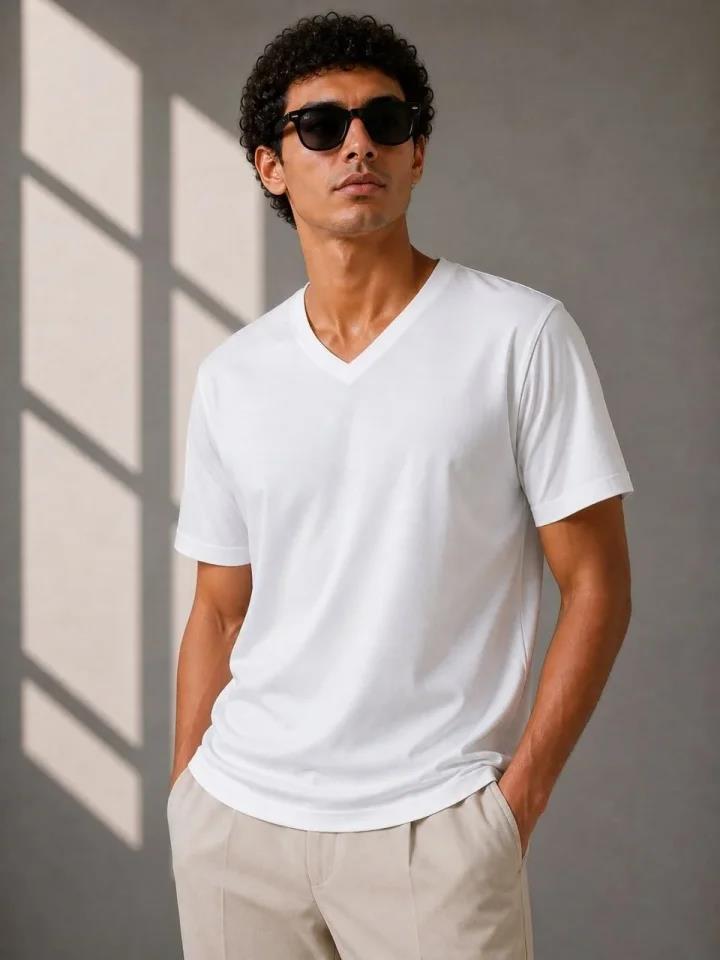 Erkek V Yaka Basic Tişört Kısa Kol Yazlık Regular Fit T-Shirt - Beyaz