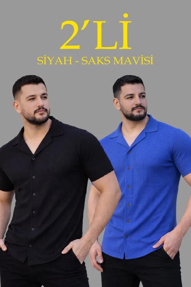 Erkek Waffle Dokuma Açık Yakalı Düğmeli Regular Kalıp 2’li Gömlek Seti - Siyah - Saks Mavisi