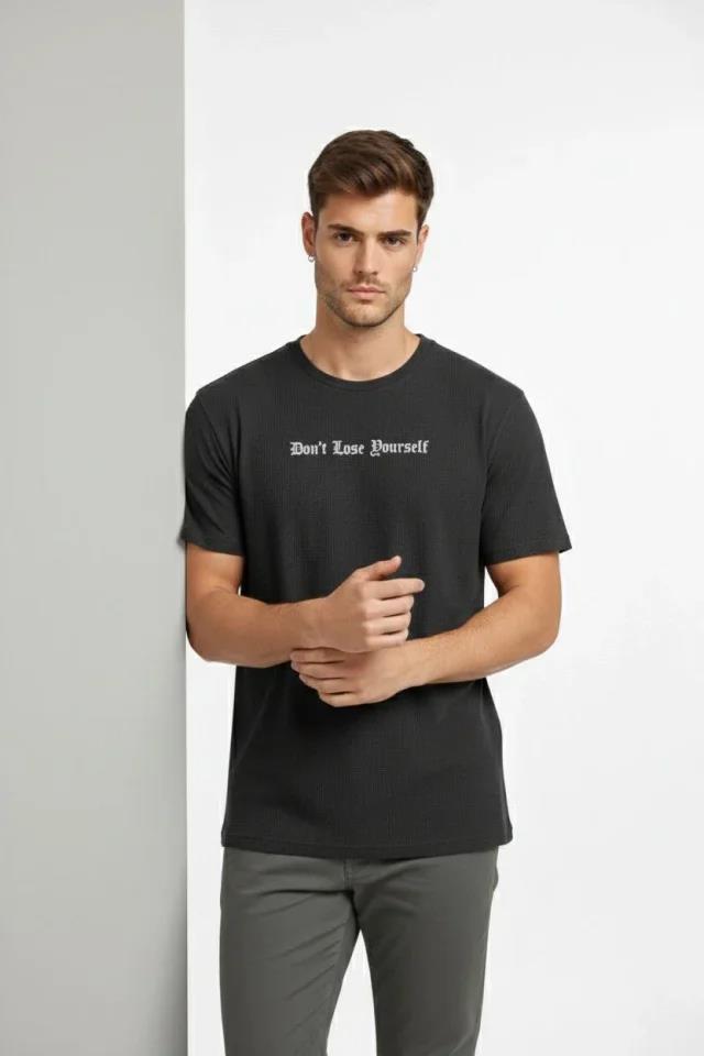 Erkek Wafıl Kumaş Tişört Regular Kalıp Bisiklet Yaka Baskılı Günlük Basic T-Shirt - Siyah