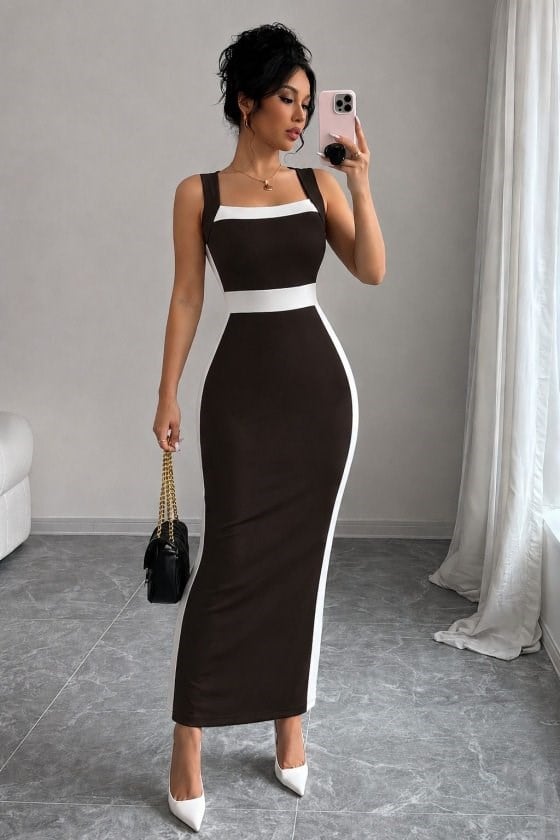 Kadın Askılı Geometrik Yakalı şerit Detaylı Uzun Dalgıç Elbise