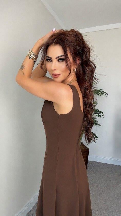 Kadın Askılı Kare Yakalı Kemersiz A şeklinde Gelen Uzun Ithal Krep Elbise