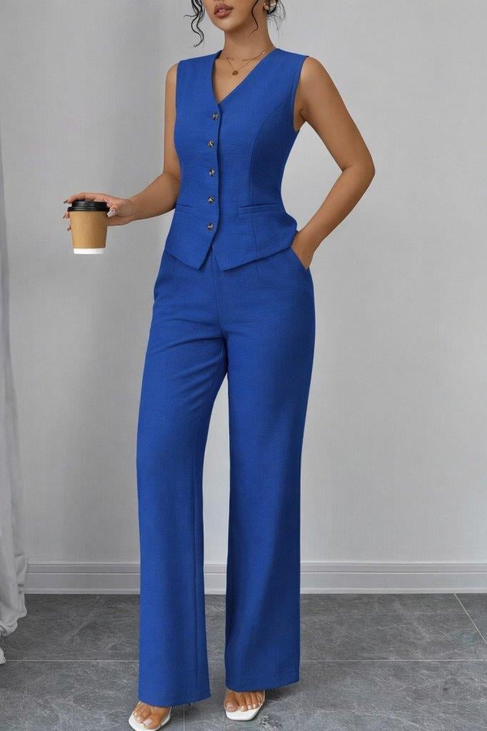 Kadın Askılı önden Düğmeli Bluz Ve Pantolon Keten Ikili Takım