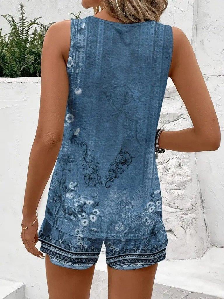 Kadın Askılı Yuvarlak Yaka çiçek Baskılı Süprme Bluz Ve Short Ikili Takım