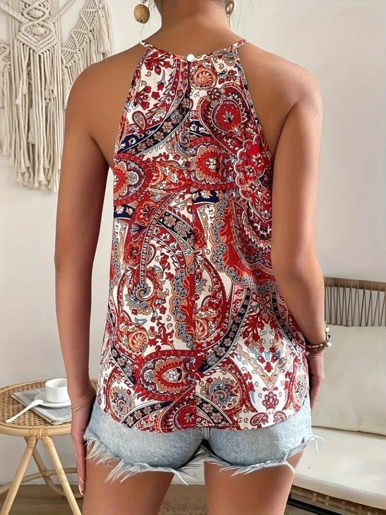 Kadın Halter Kollu Damla Detaylı Desenli Süprem Bluz