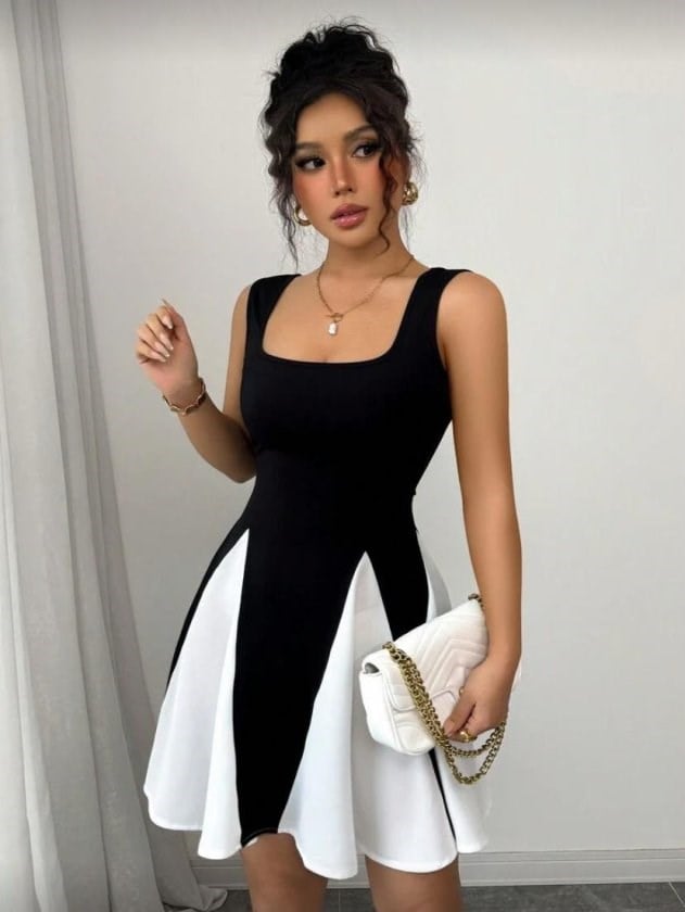 Kadın Kare Yaka çift Renk çan Etek Detay Mini Elbise