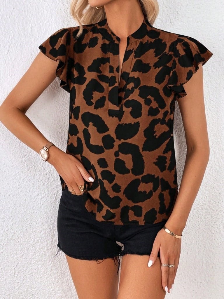 Kadın Kısa Fırfır Kollu V Yakalı Leopar Desenli Süprem Bluz