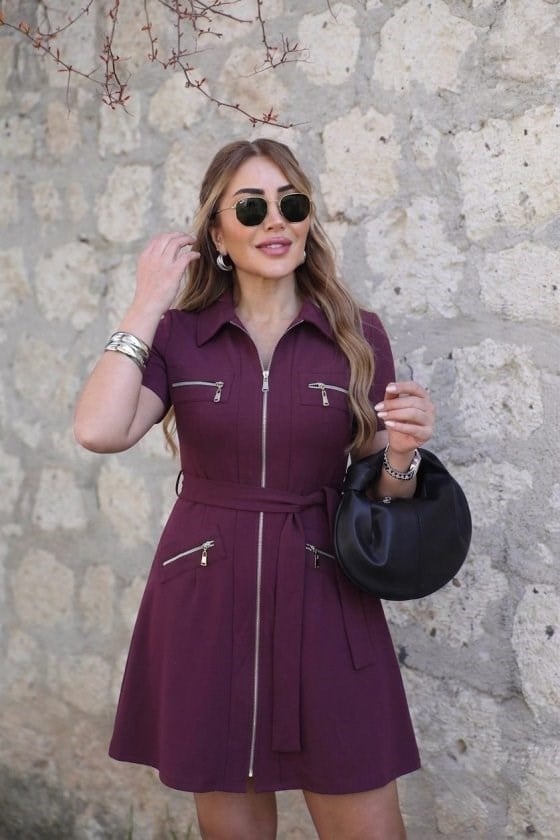Kadın Kısa Kollı Yakalı önden Fermuarlı Ve Cepli Kısa Modal Elbise
