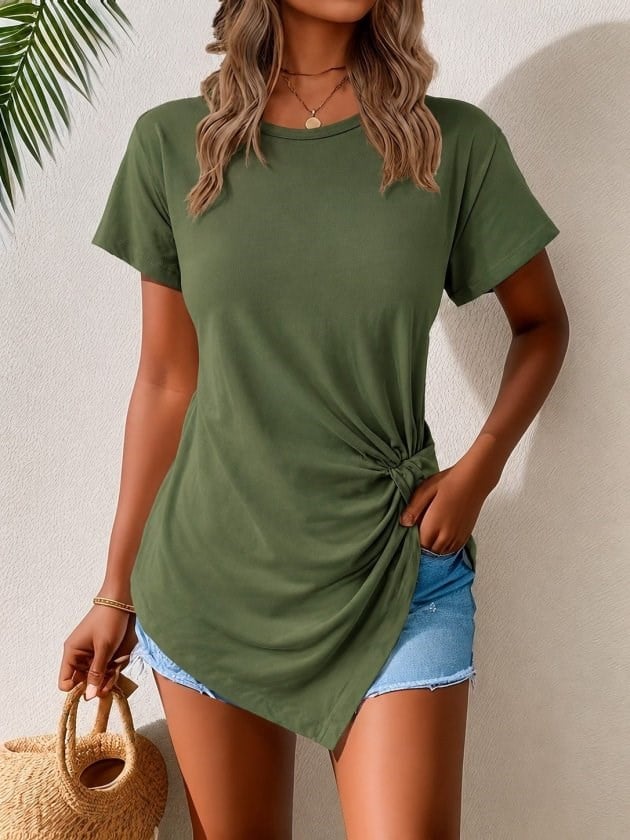 Kadın Kısa Kollu Bisiklet Yaka Asimetrik Kesim Detaylı Viskon Bluz