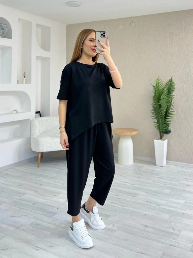 Kadın Kısa Kollu Bisiklet Yaka Viskon Iki Iplik Bluz Ve Pantolon Ikili Takım