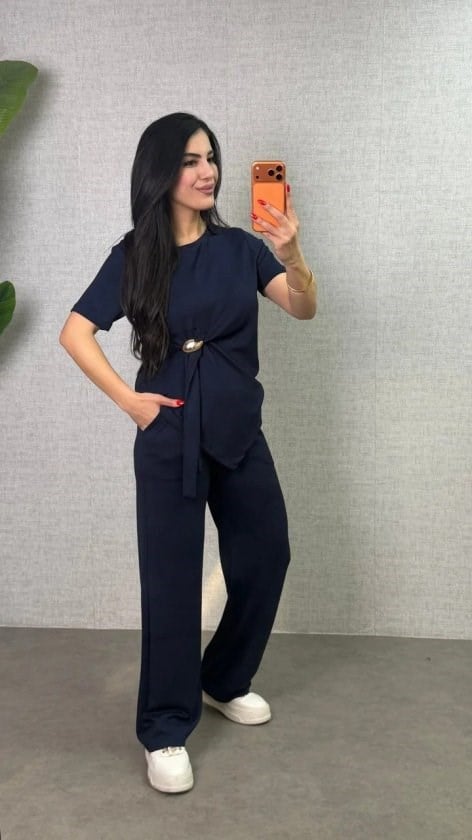 Kadın Kısa Kollu Bisiklet Yaka Yandan Toka Detaylı Viskon Iki Iplik Bluz Ve Pantolon Ikili Takım