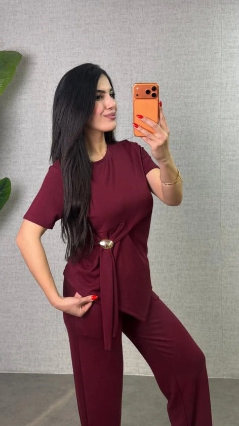 Kadın Kısa Kollu Bisiklet Yaka Yandan Toka Detaylı Viskon Iki Iplik Bluz Ve Pantolon Ikili Takım