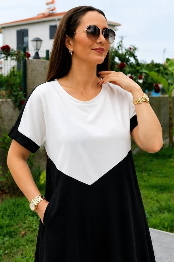 Kadın Kısa Kollu Bisiklet Yakalı önden Geometrik şekil Detaylı çift Renkli Kısa Viskon Elbise