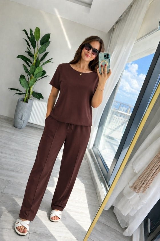Kadın Kısa Kollu Bisiklet Yakalı Viskon Iki Iplik Bluz Ve Pantolon Ikili Takım
