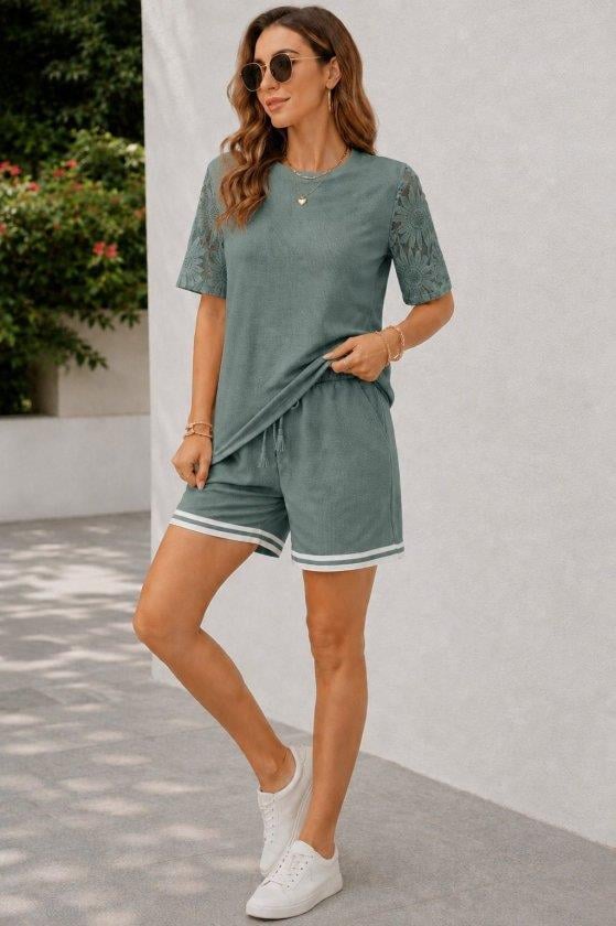 Kadın Kısa Kollu Bisiklet Yakalı Waffle Bluz Ve Short Ikili Takım