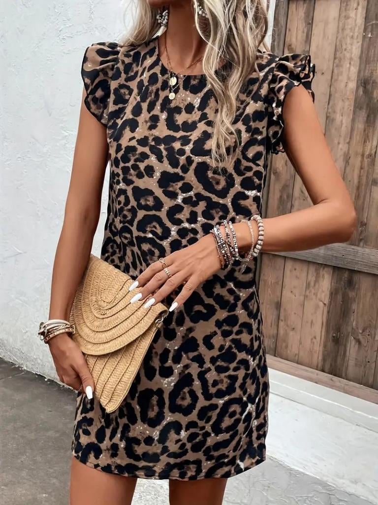 Kadın Kısa Kollu Kolları Fırfır Detay Arkası Bağlamalı Leopar Desen Kolsuz Mini Mikro Elbise