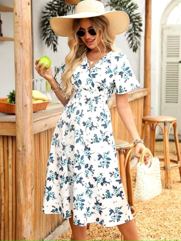 Kadın Kısa Kollu Kruvaze Yakalı Mini Desenli Süprem Elbise