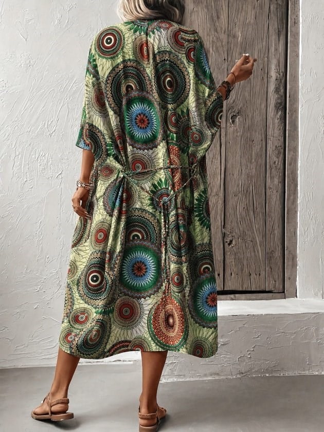 Kadın Kısa Kollu önü Açık Belden Kuşaklı Uzun Kimono