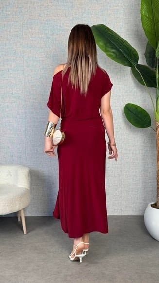 Kadın Kısa Kollu Tek Omuzdan Açık Beli Lastikli Sandy Maxi Elbise
