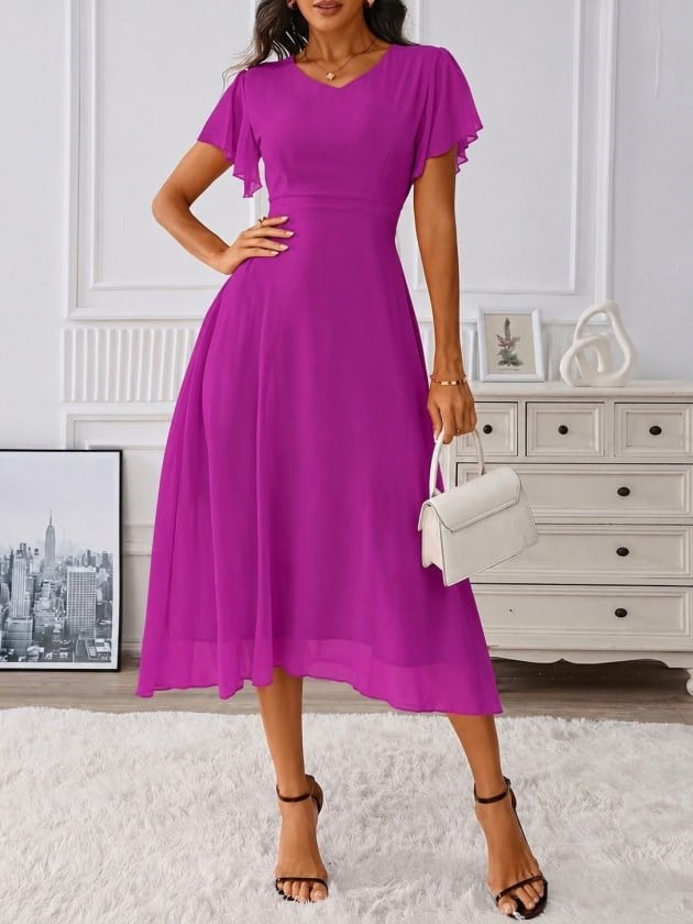 Kadın Kısa Kollu V Yakalı Midi Astarlı şifon Elbise
