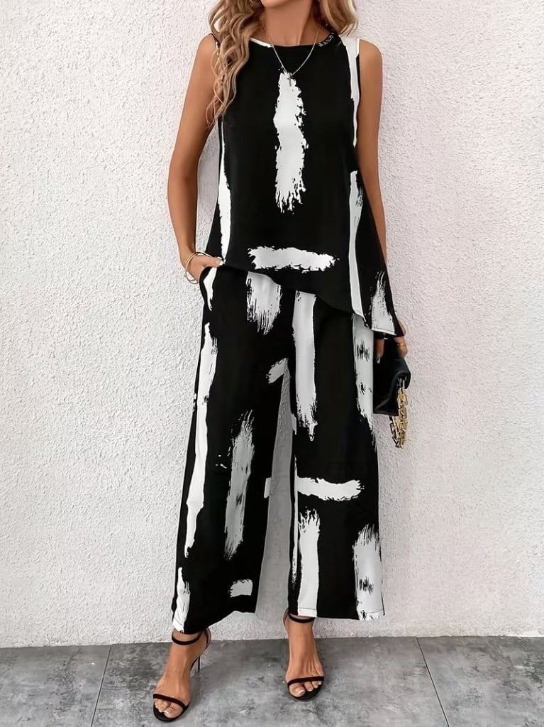 Kadın Kolsuz Bisiklet Yaka Desenli Bluz Ve Pantolon Ikili Takım