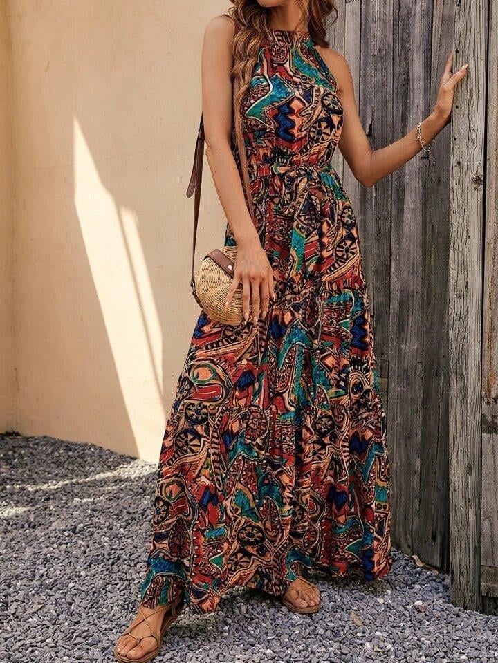 Kadın Kolsuz Halter Yaka Beli Lastikliotantik Desenli Mikro Kumaş Elbise