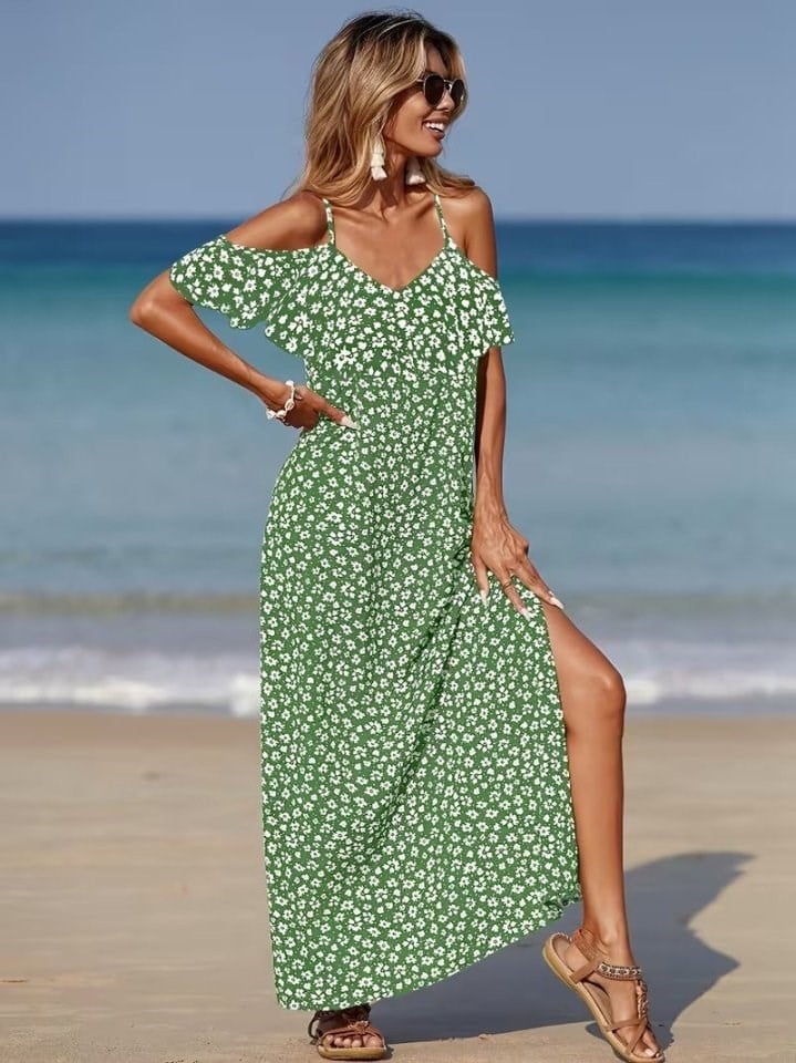 Kadın Omuzlardan Açık Askılı Yırtmaçlı Desenli Uzun Süprem Elbise