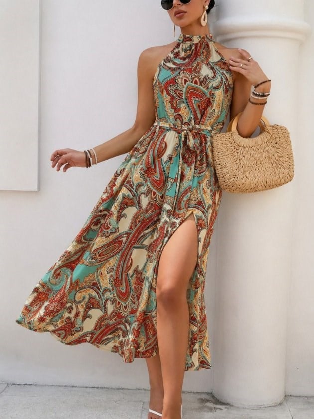 Kadın Omuzlardan Açık Halter Yakalı Yırtmaçlı çiçek Desenli Süprem Elbise