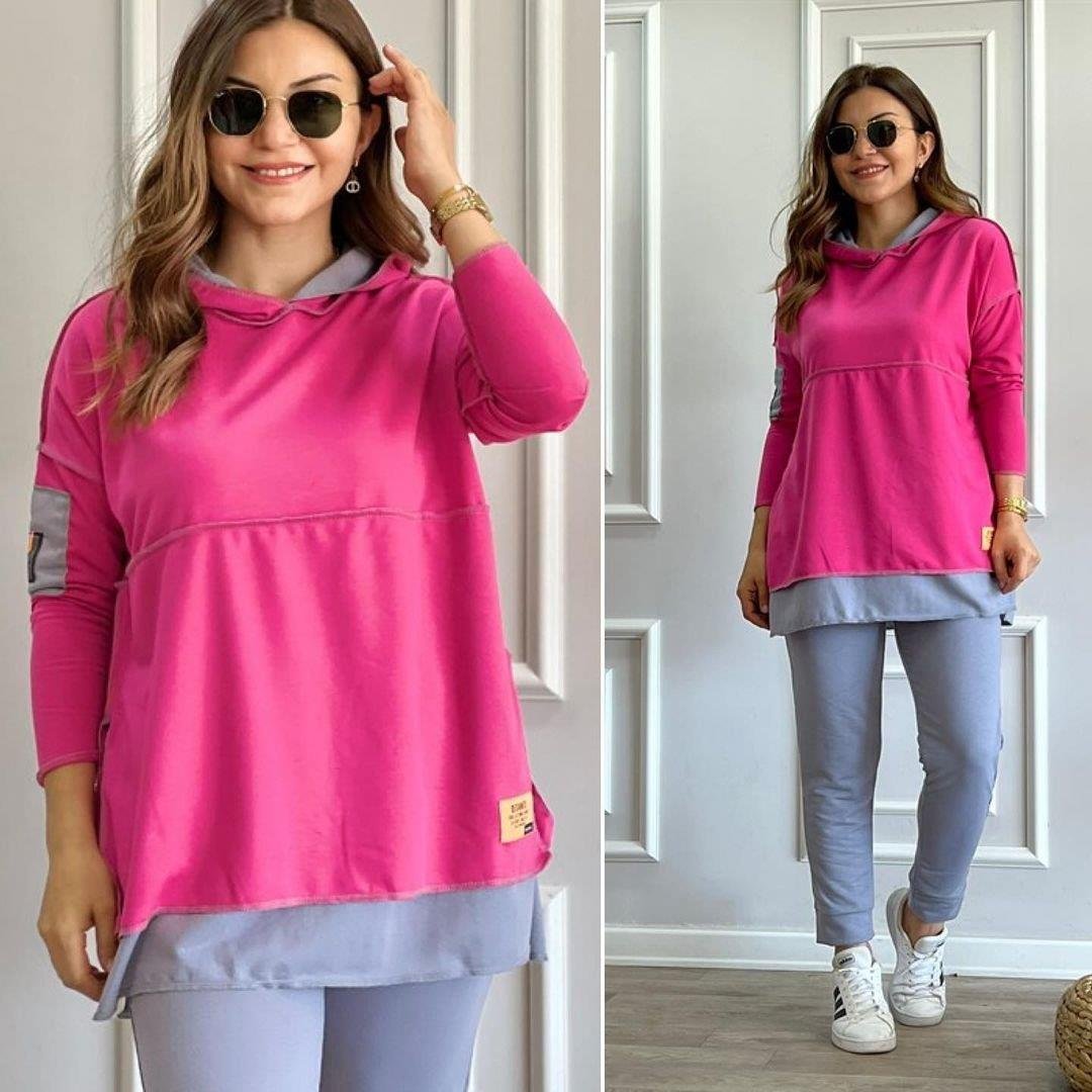 Kadın Pembe Kapşonlu Etek Ucu Detay Arma Ikili Takım