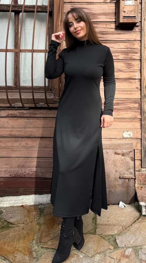 Kadın Uzun Kollu Balıkçı Yaka Derin Yırtmaç Detay Krep Elbise