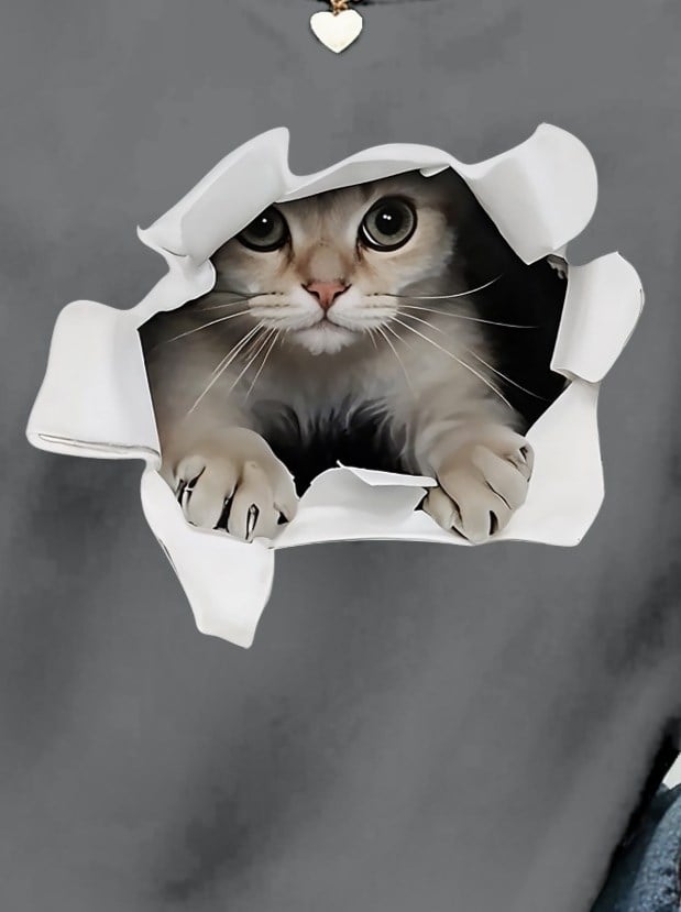 Kadın Uzun Kollu Bisiklet Yaka Kedi Desenli Viskon Iki Iplik Bluz