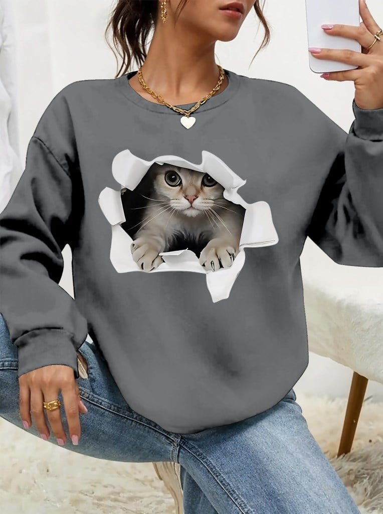 Kadın Uzun Kollu Bisiklet Yaka Kedi Desenli Viskon Iki Iplik Bluz