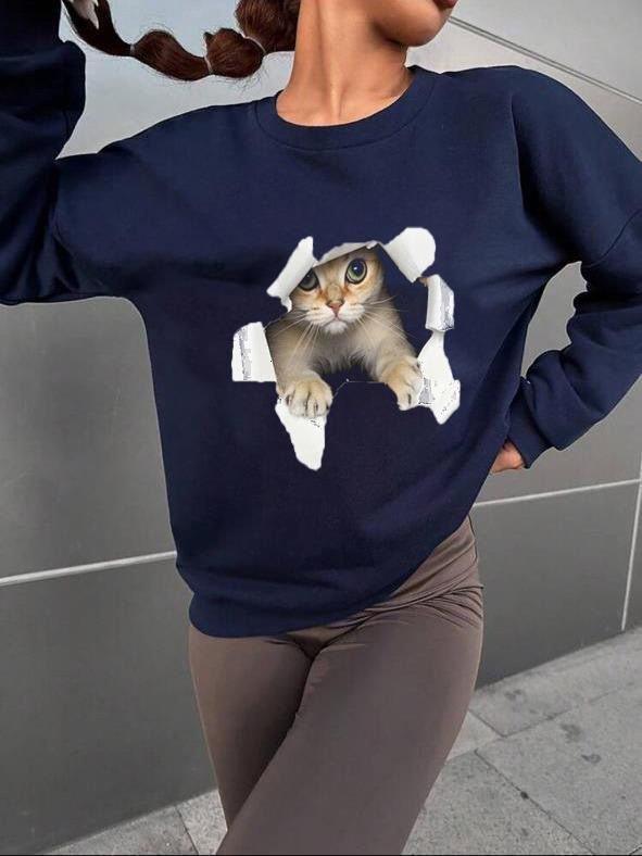 Kadın Uzun Kollu Bisiklet Yaka Kedi Desenli Viskon Iki Iplik Bluz