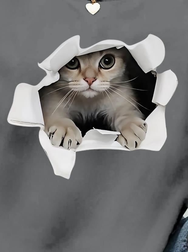 Kadın Uzun Kollu Bisiklet Yaka Kedi Desenli Viskon Iki Iplik Bluz