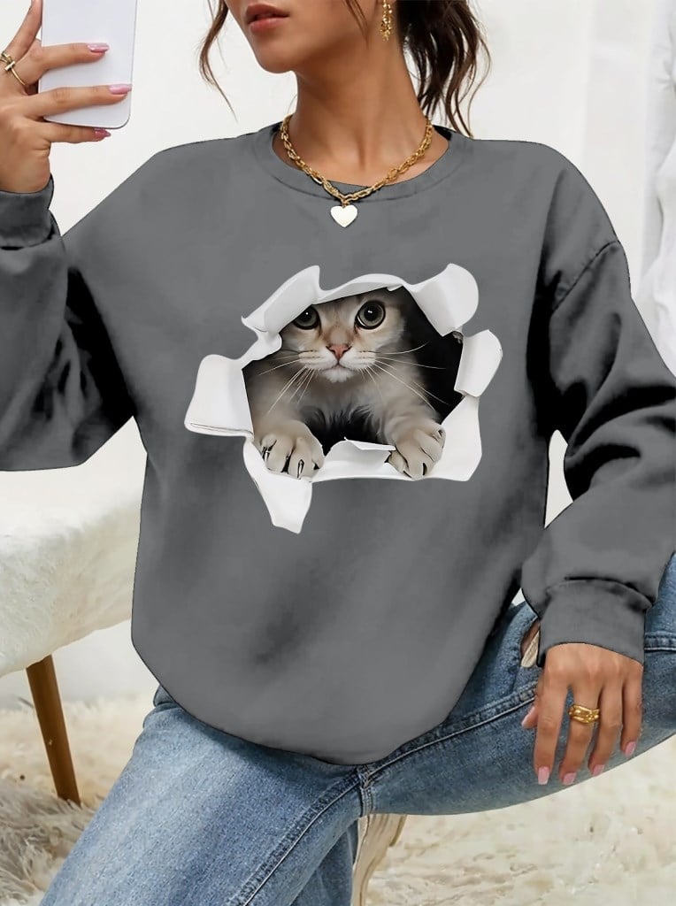 Kadın Uzun Kollu Bisiklet Yaka Kedi Desenli Viskon Iki Iplik Bluz