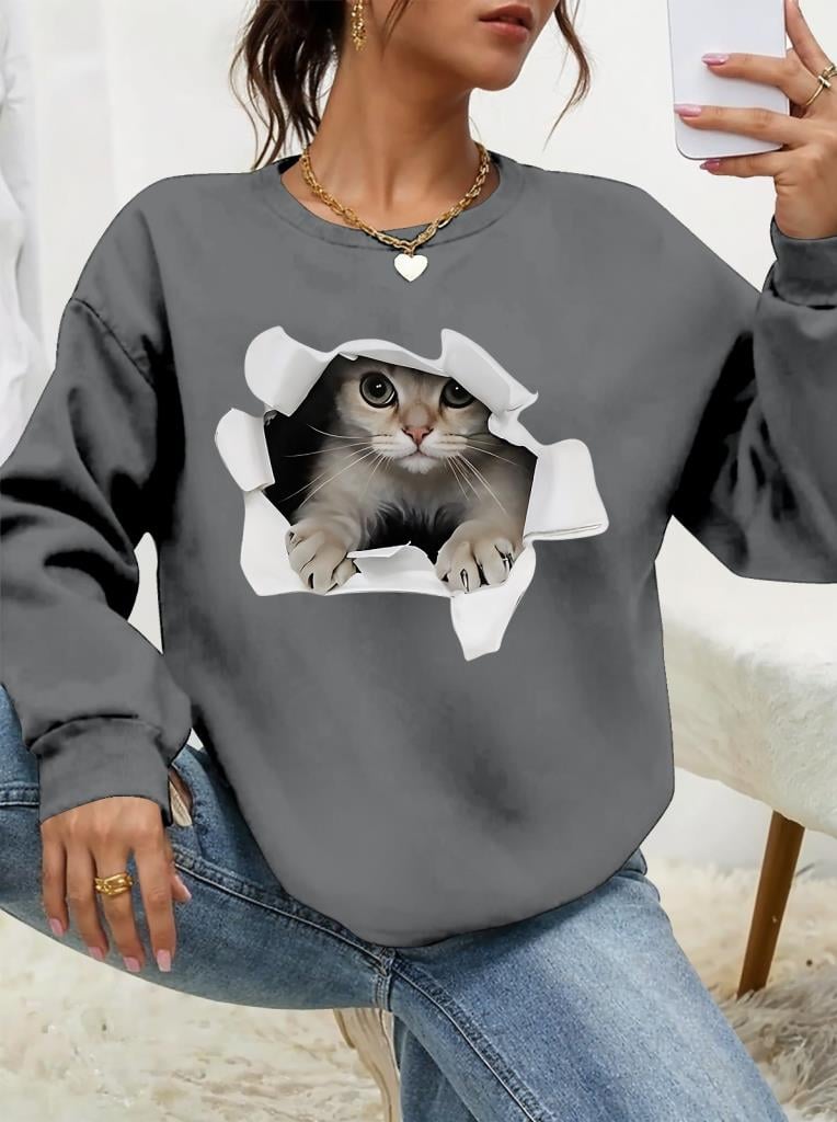 Kadın Uzun Kollu Bisiklet Yaka Kedi Desenli Viskon Iki Iplik Bluz
