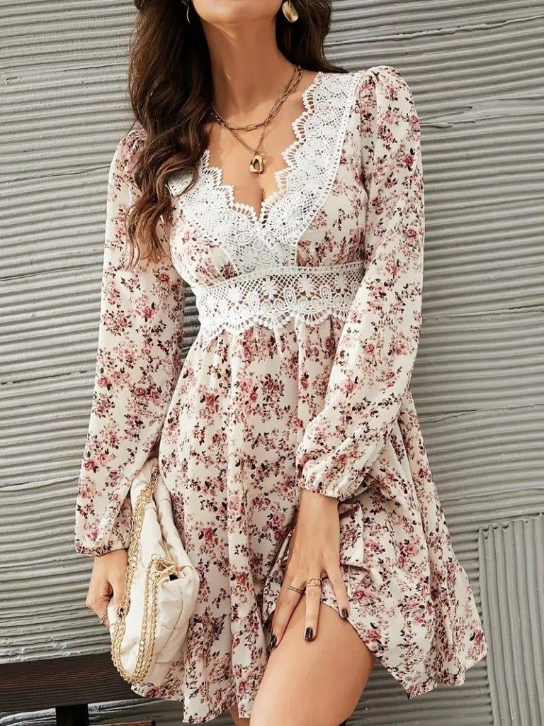 Kadın Uzun Kollu Dantel V Yakalı Mini Desenli Süprem Elbise