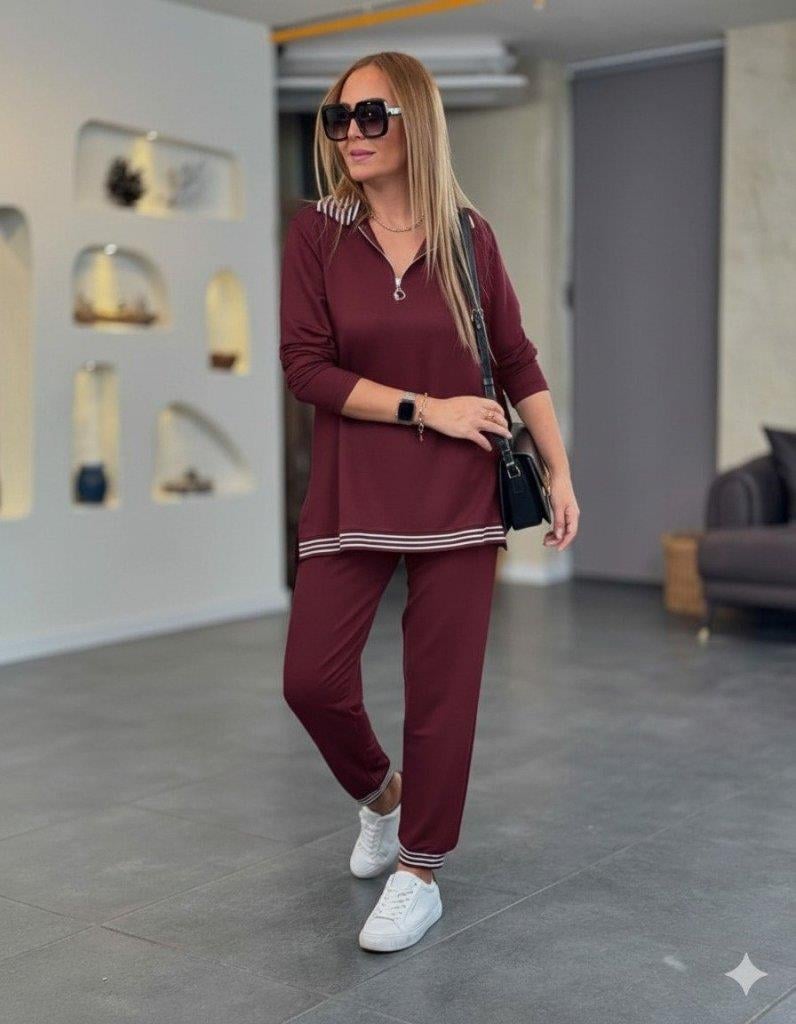 Kadın Uzun Kollu Fermuarlı şerit Detay Desenli Alt üst Ikili Viskon Iki Iplik Takım