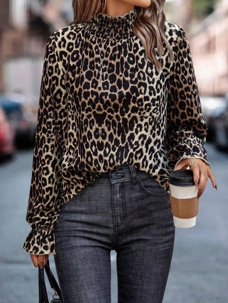 Kadın Uzun Kollu Gipe Detaylı Balıkçı Yaka Leopar Desenli Süprem Bluz