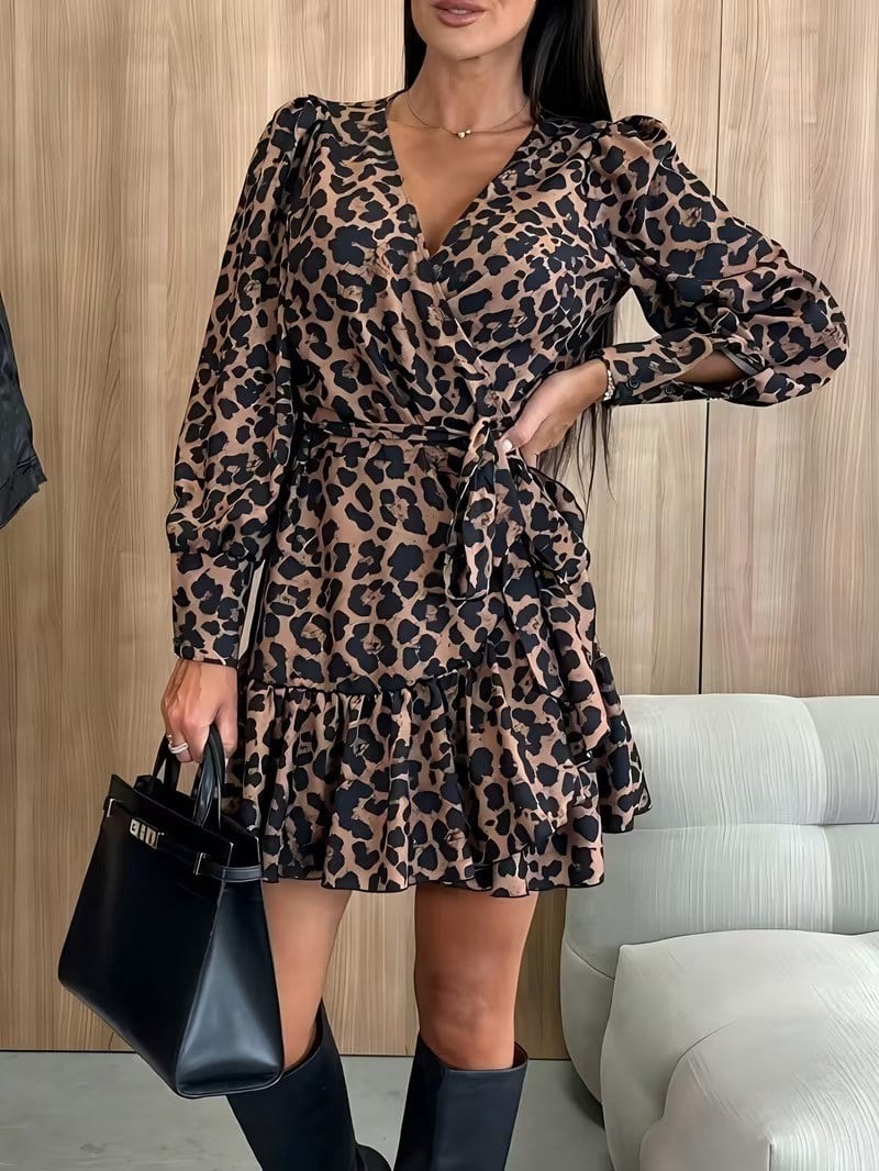 Kadın Uzun Kollu Kruvaze Yakalı Belden Bağcıklı Kısa Leopar Desenli Modal Elbise
