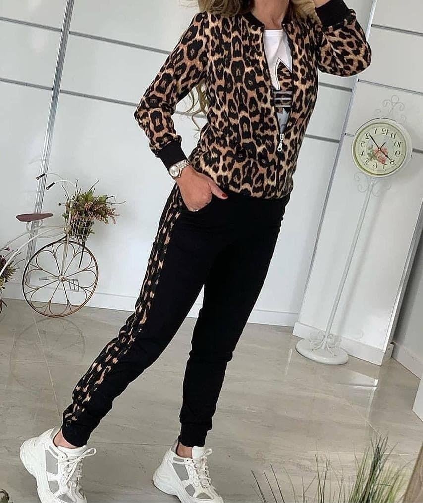 Kadın Uzun Kollu önden Fermuarlı Leopar Desen Detaylı Viskon Iki Iplik Bluz Ve Pantolon Ikili Takım