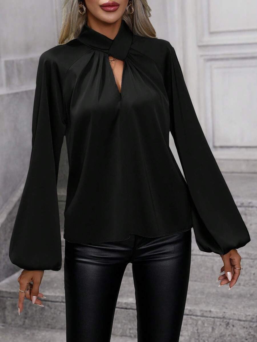 Kadın Uzun Kollu Yakadan Geçmeli şerit Detaylı Büzgülü Janjan Krep Bluz