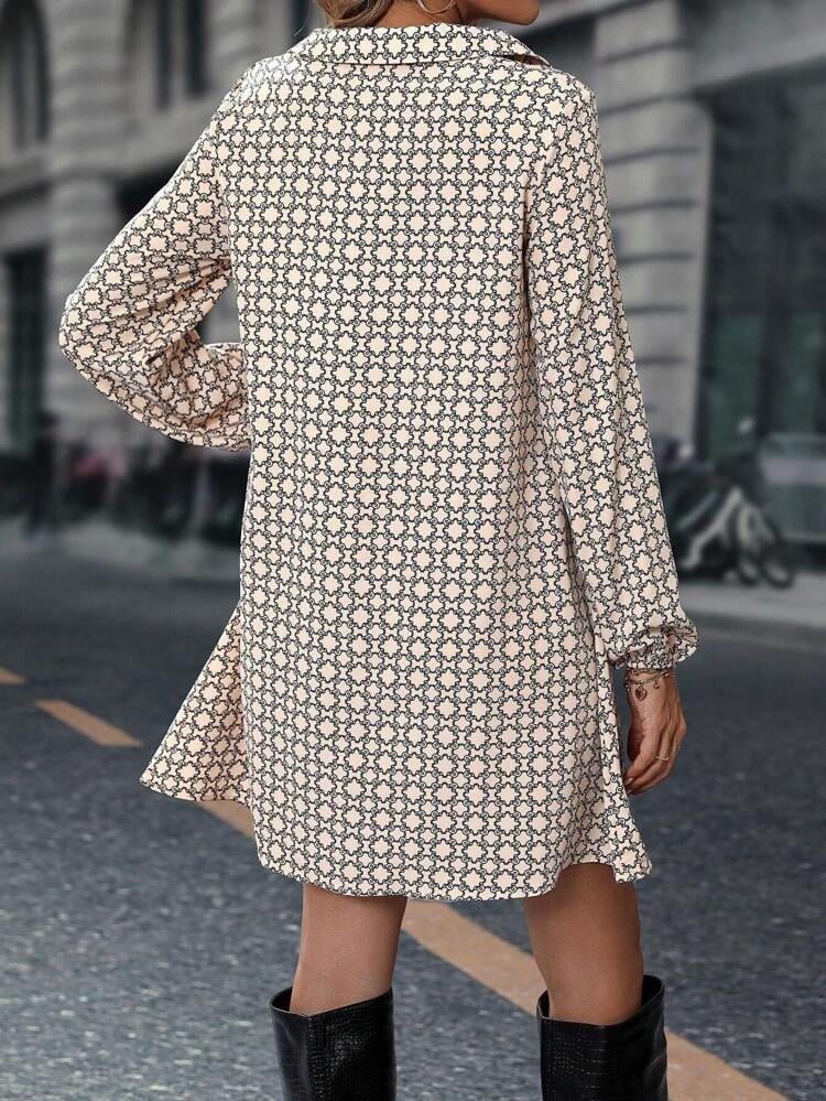 Kadın Uzun Kollu Yakalı Desenli Mini Modal Elbise