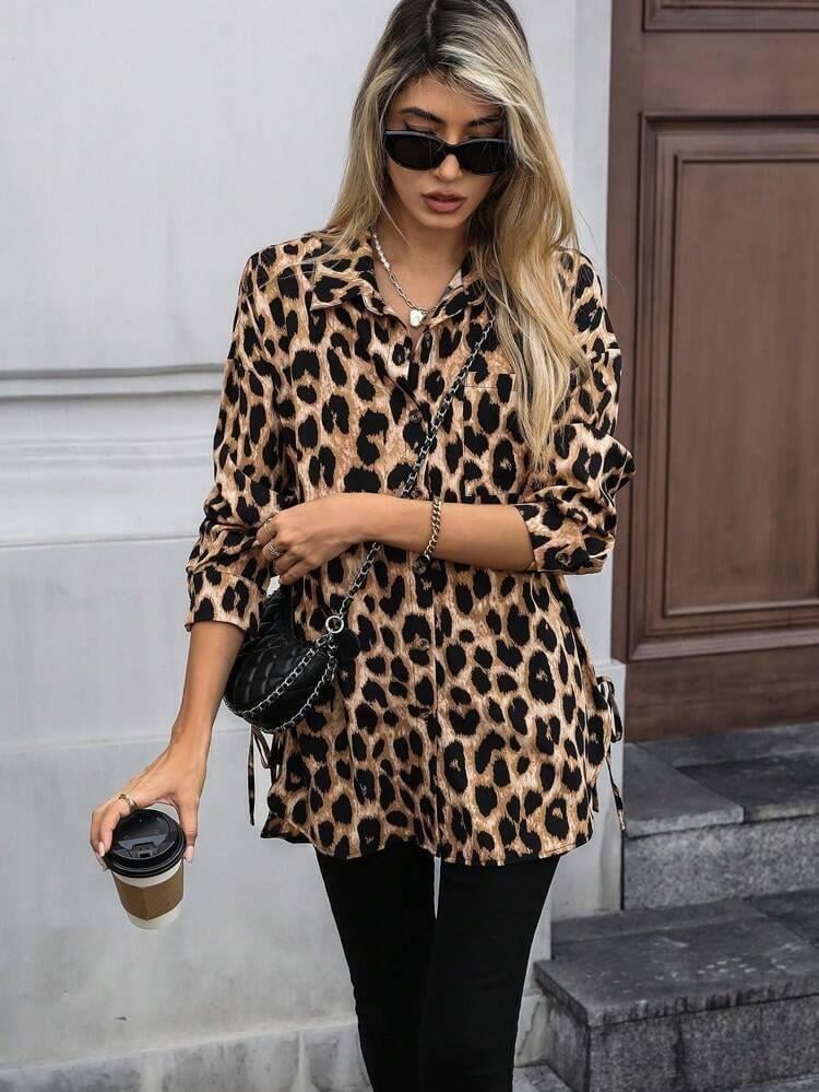Kadın Uzun Kollu Yakalı önden Düğmeli Yandan Bağcıklı Leopar Desenli Modal Bluz