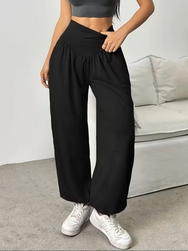 Kadın Yüksek Bel Büzgülü Cepli Geniş Kesim Viskon Iki Iplik Pantolon