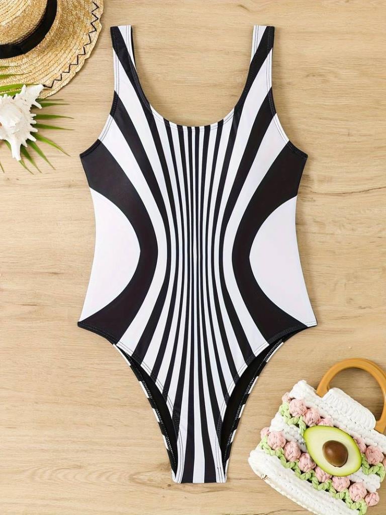 Kadın Yuvarlak Yaka Askılı Zebra Desen Baskılı Dalgıç Mayo