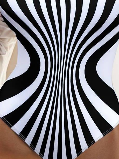 Kadın Yuvarlak Yaka Askılı Zebra Desen Baskılı Dalgıç Mayo