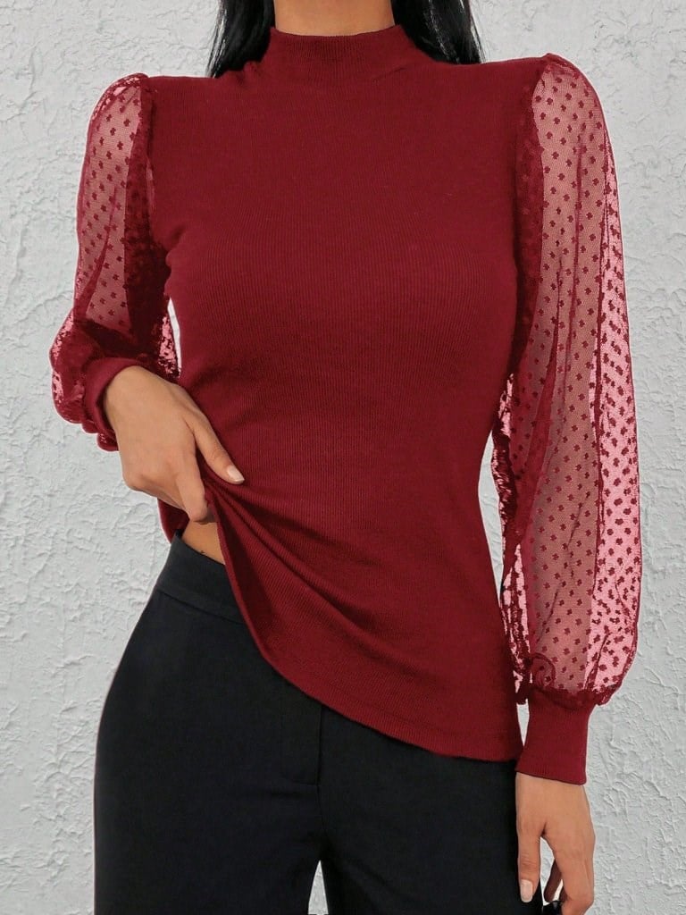 Kadınkolu Tül Detaylı Yarım Balıkçı Kaşkorse Bluz