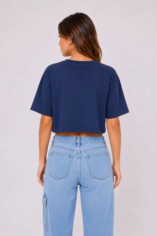 Kedi Baskılı Oversize Crop Tişört Salaş Basic Yarım Kol T-shirt - Lacivert